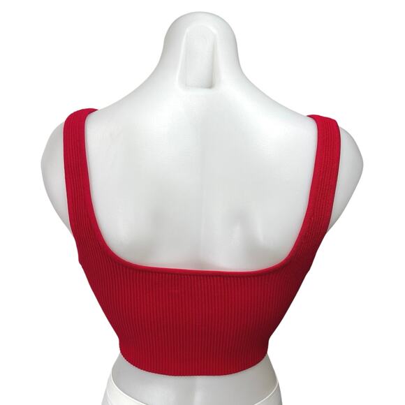 Aritzia Babaton Red Rib Knit Sleeveless Square Neck Sculpt Crop Tank Top Sz M - Picture 2 of 4